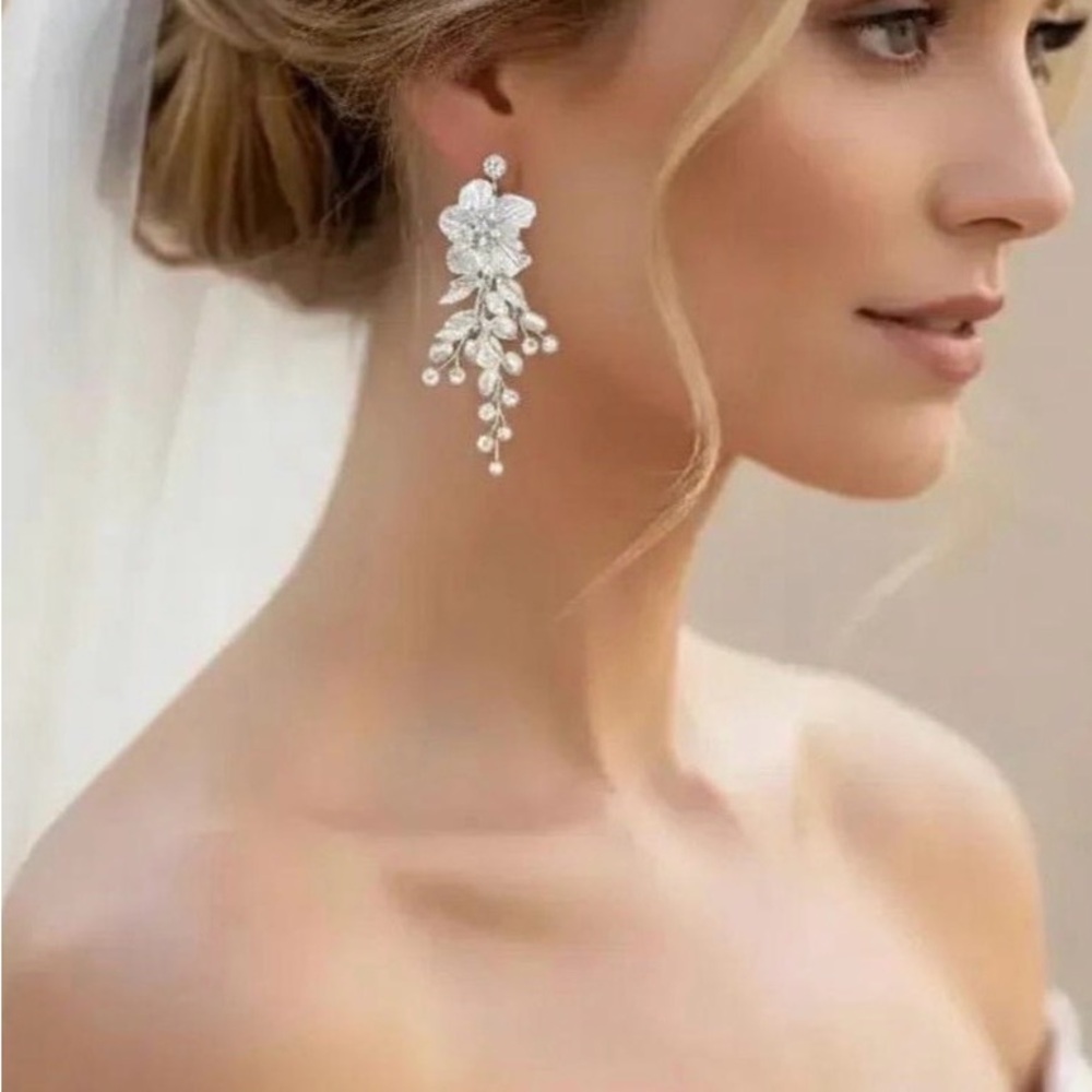 Bridal Crystal Floral Drop Earrings - Silver